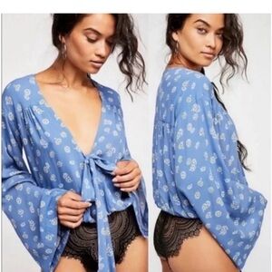 Free People Daisy Blue Floral Tie-Front bodysuit